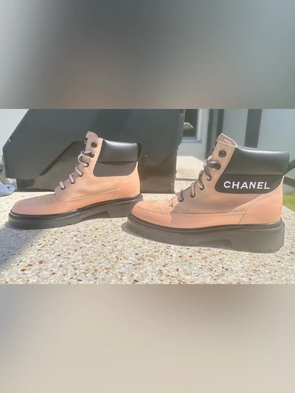Chanel Pink suede and leather lace-up combat boots  Cc Logo. US Sz 8- 8.5 EU 39